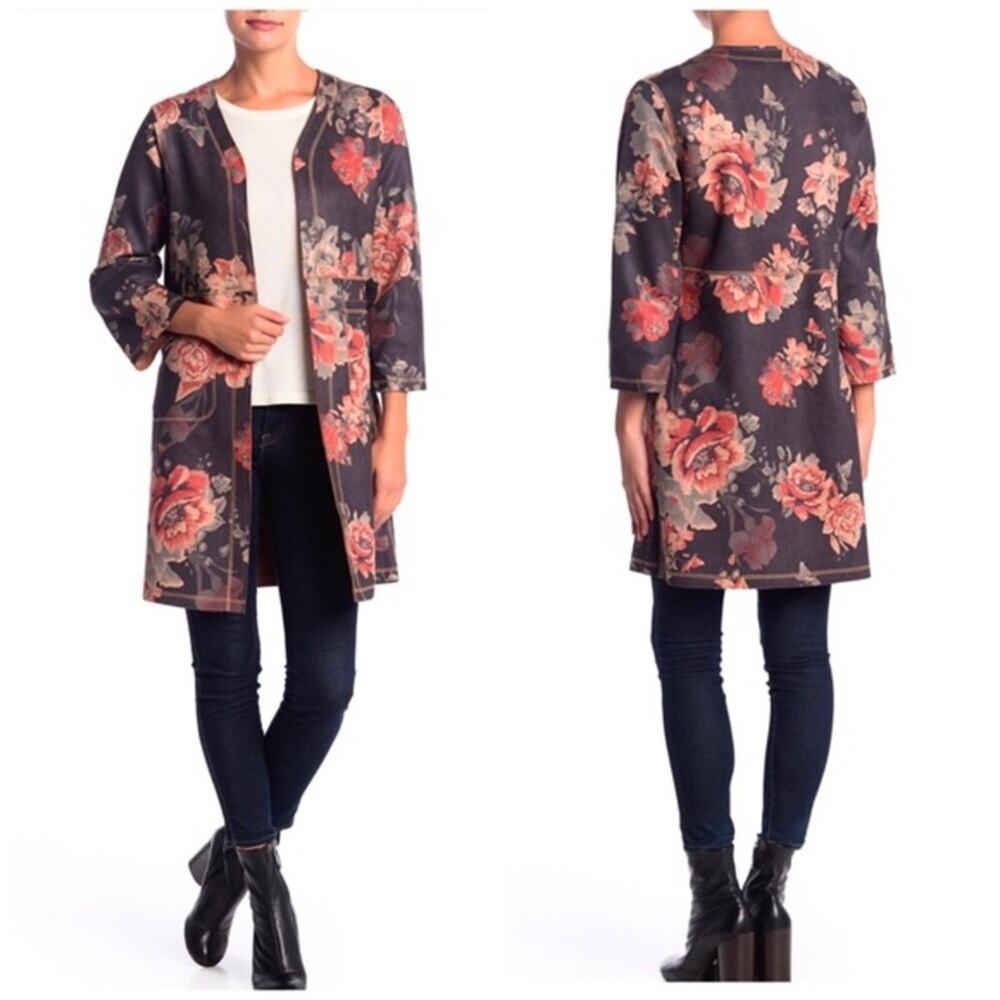 Anthropologie Solitaire NWT Floral Jacket Faux Suede Blue & Pink Long Large